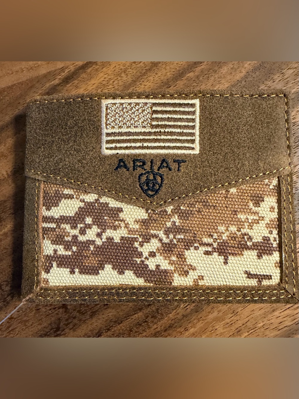 Ariat Brown and Tan Camouflage Suede Passcase Wallet with Flag Patch
